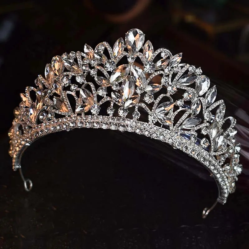 Luxury Silver Color Crystal Flowers Bridal Tiaras CZ Crown Rhinestone Pageant Diadem Headpieces Wedding Hair Accessories