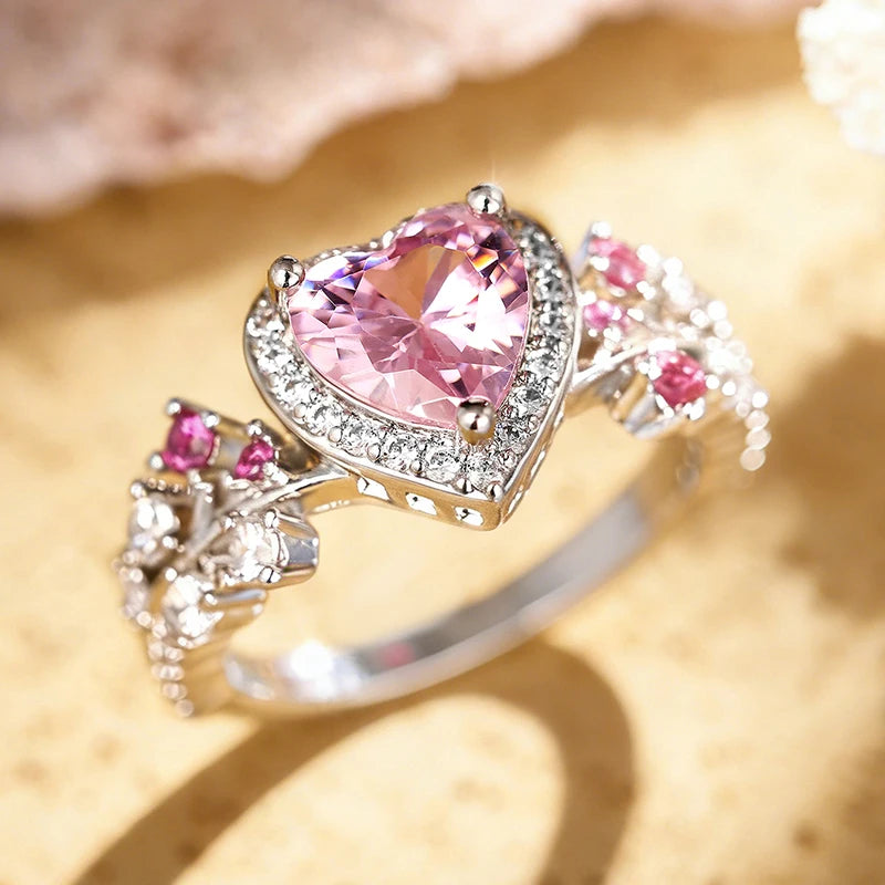 Heart Pink Cubic Zirconia Wedding Rings for Women Silver Color Temperament Sweet Engagement Rings Luxury Trendy Jewelry