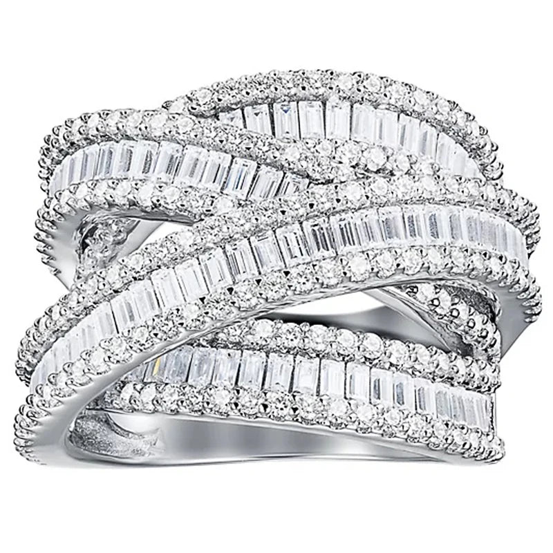 Novel Multi-layer Cross Design Rings for Women Graceful Grand Finger Accessory for Wedding Trendy Dazzling Party Jewelry