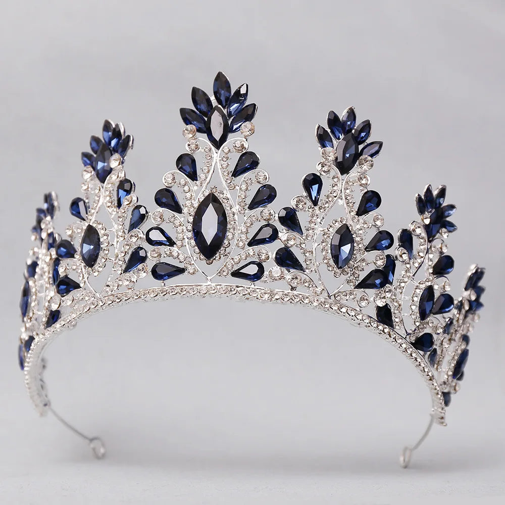 Silver Color Dark Blue Rhinestone Wedding Crown for Women Large Crystal Banquet Tiaras Headband Costume Hair Jewelry Accessories