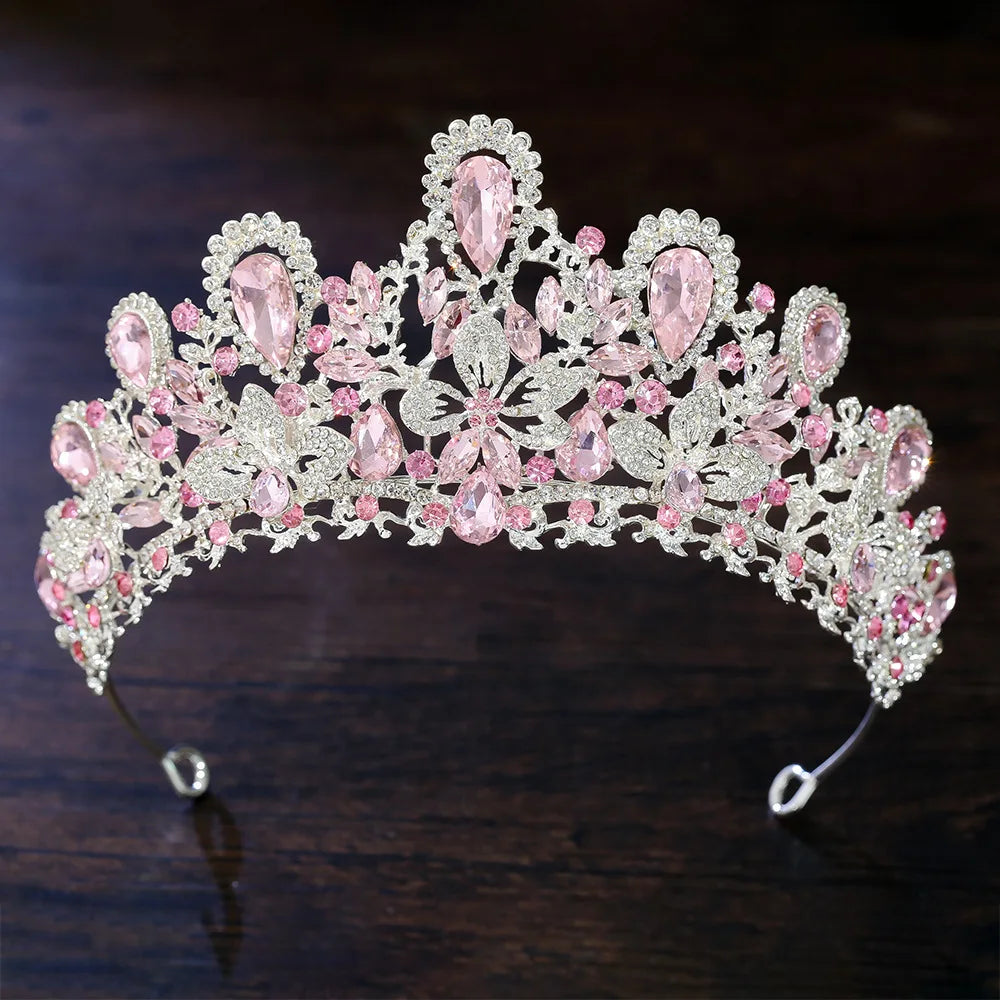 Luxury Water Drop Pink Crystal Bridal Tiara Crown Silver Color Rhinestone Diadem Veil Tiaras Wedding Hair Accessories Headpieces