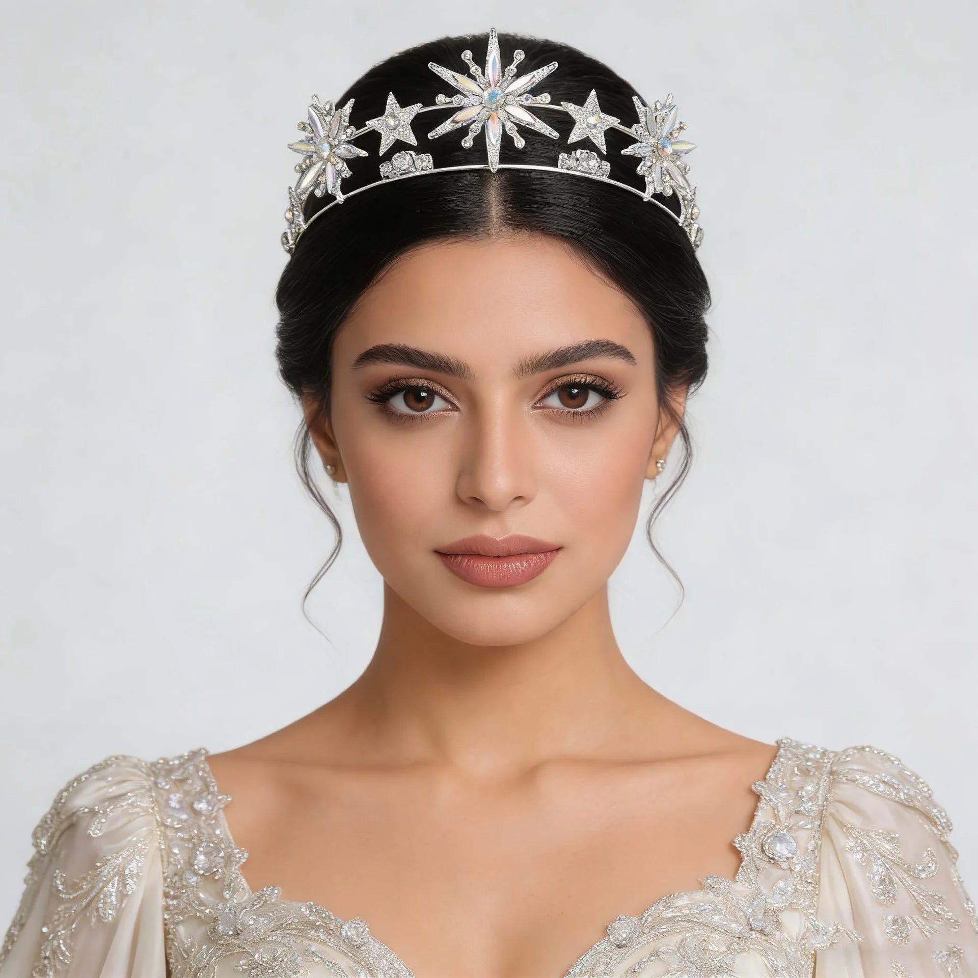Luxury Silver AB Color Crystal 6-Point Star Wedding Crown Tiara Rhinestone Diadem Princess Women Headband Bride Hair Accessories