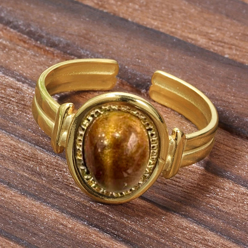Boho Imitation Tiger Eye Stone Open Rings for Women Gold Color Luxury Adjustable Rings Daily Party Modern Fashion Jewelry