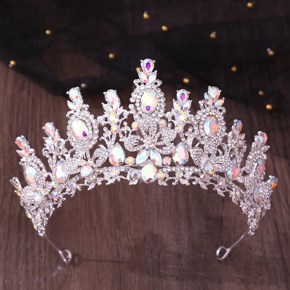 Luxury Water Drop Flower Pink Crystal AB Tiaras Royal Queen Banquet Crown Wedding Party Costume Hair Jewelry Accessories
