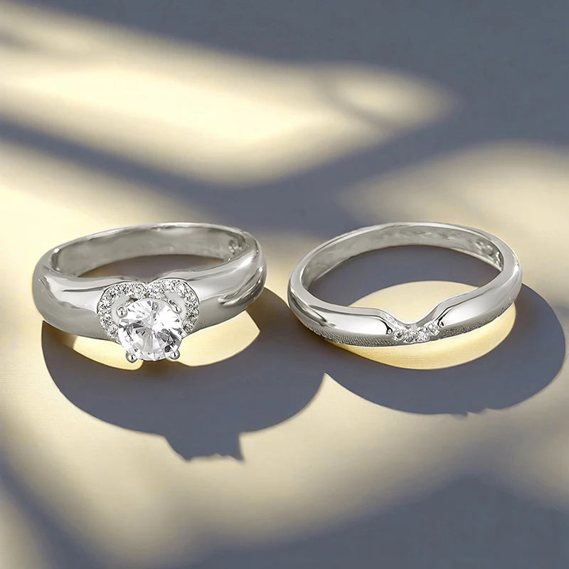 Trendy Heart Set Rings for Women with Crystal Sparkling Cubic Zirconia Luxury Wedding Engagement Rings 2Pcs Jewelry Set