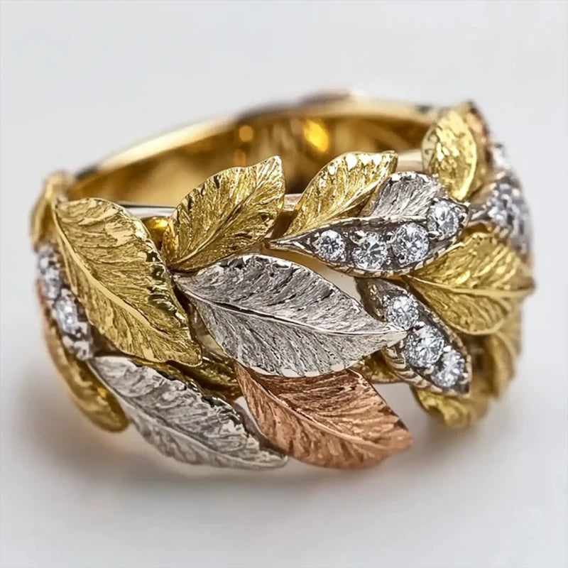 Three-tone Leaf Design Finger Rings for Women Inlaid Dazzling Cubic Zirconia New Fashion Wedding Band Luxury Lady Jewelry