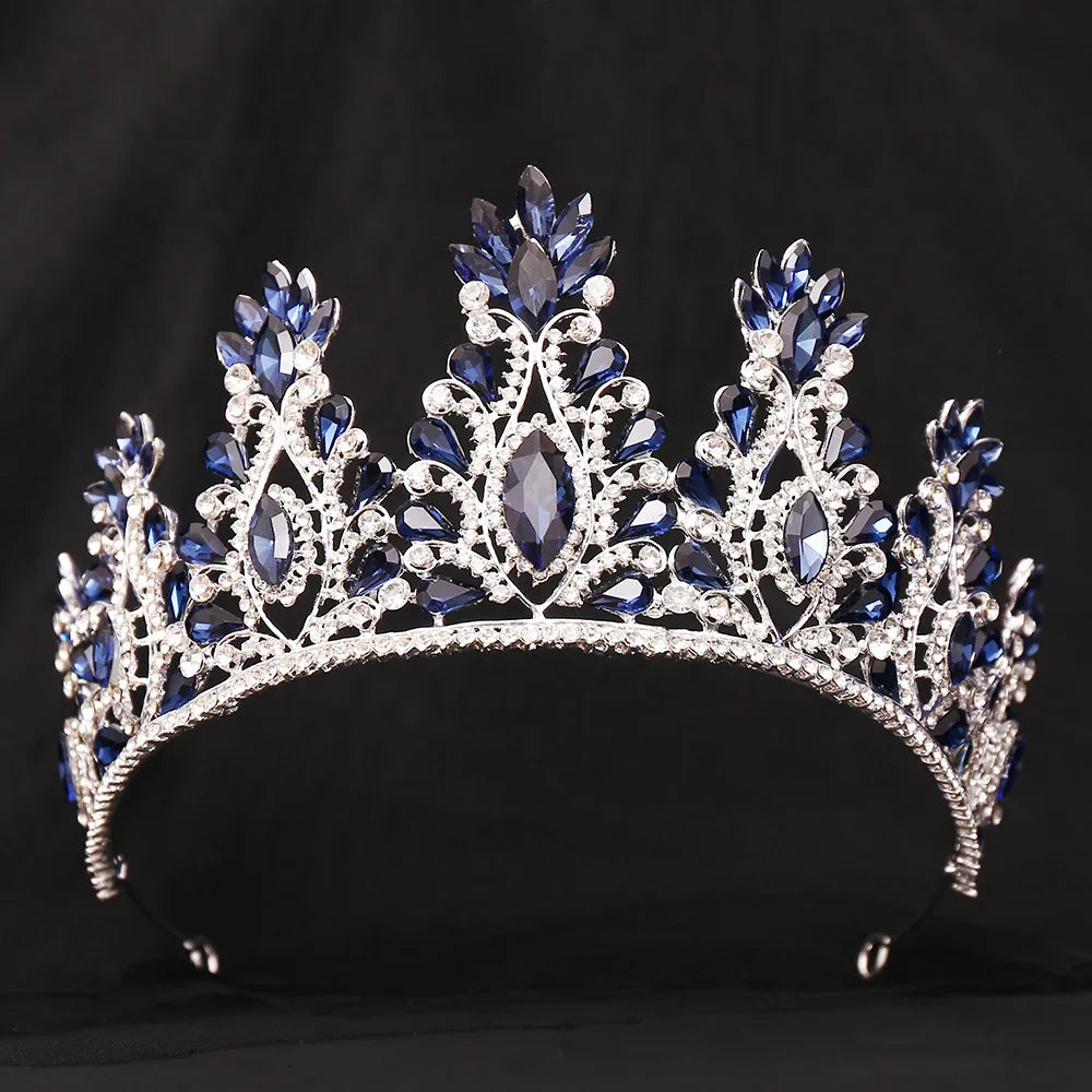 Silver Color Dark Blue Rhinestone Wedding Crown for Women Large Crystal Banquet Tiaras Headband Costume Hair Jewelry Accessories