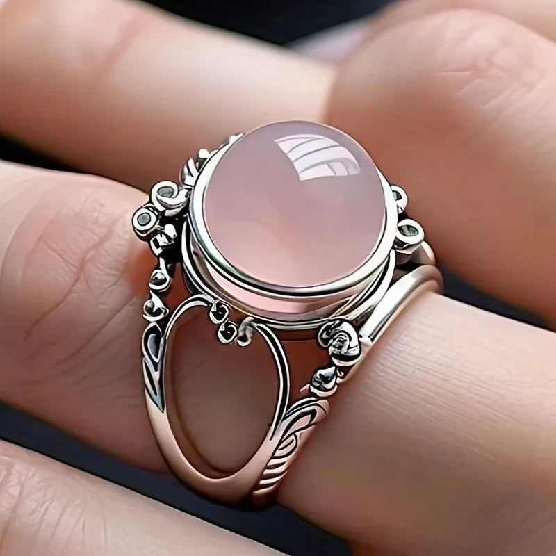 Vintage Pink Beads Rings for Women Antique Silver Color Sweet Female Daily Party Finger-ring Fancy Gift Retro Jewelry