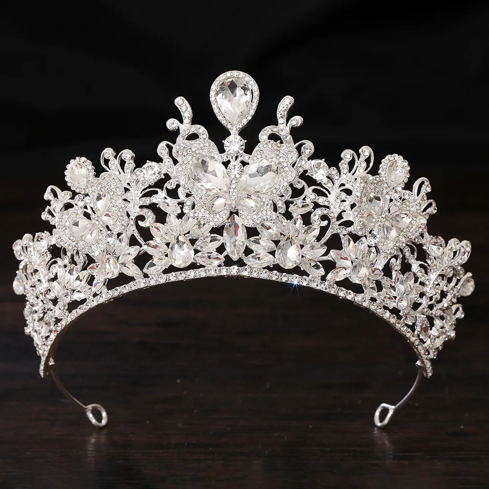 Vintage Butterfly Flowers Crystal AB Bridal Tiara Crown Rhinestone Diadem Veil Tiaras Wedding Hair Accessories Headpiece