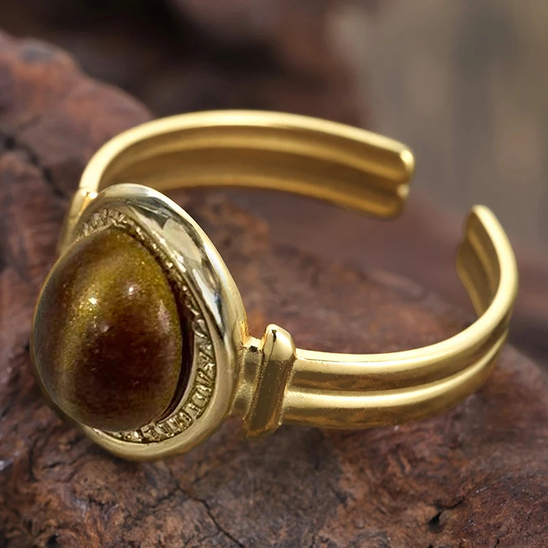 Boho Imitation Tiger Eye Stone Open Rings for Women Gold Color Luxury Adjustable Rings Daily Party Modern Fashion Jewelry