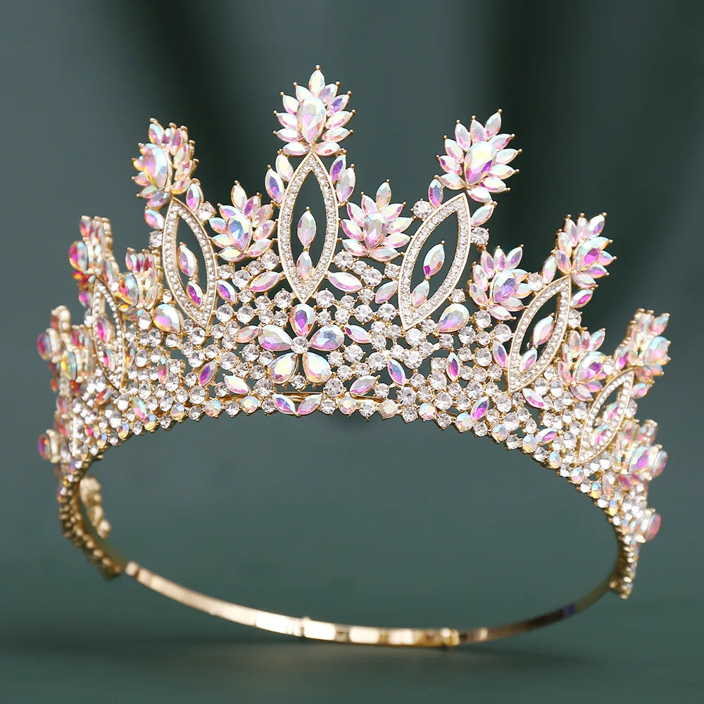 Large AB Color Crystal Round Crown For Women Headpiece Wedding Tiaras Diadem Princess Party Hair Dress Accessories