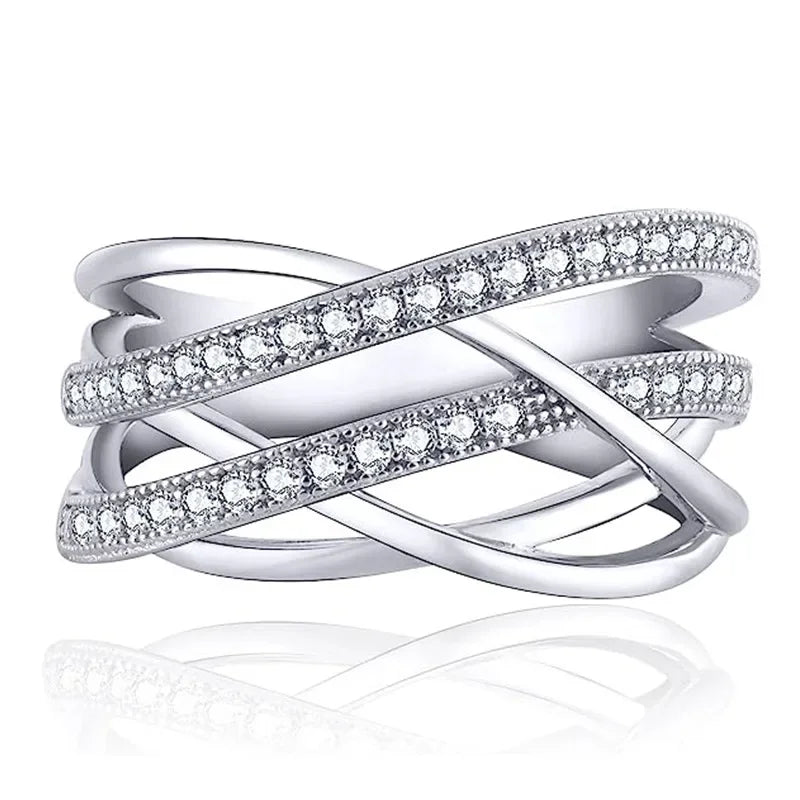 Silver Color Multi-cross Finger Ring with Shiny Crystal CZ Modern Fashion Female Rings Daily Wear Party Jewelry