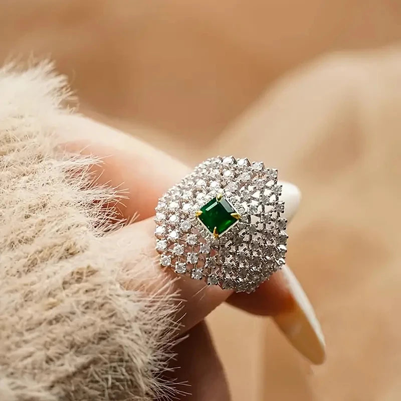 Bling Bling Geometric Rings with Square Green Cubic Zircon Fashionable Silver Color Finger Rings